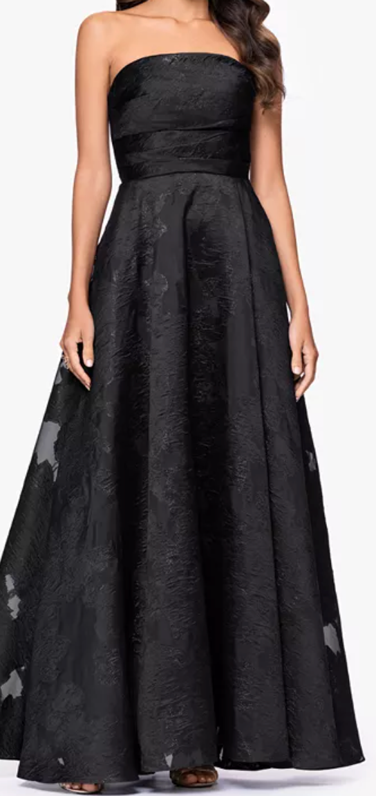 Betsy & Adam Black Jacquard Strapless Ball Gown – Sizes 10 & 12