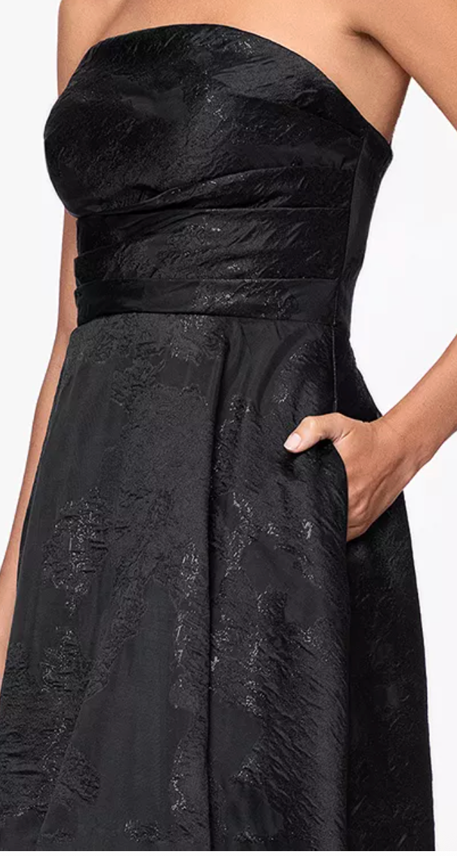 Betsy & Adam Black Jacquard Strapless Ball Gown – Sizes 10 & 12