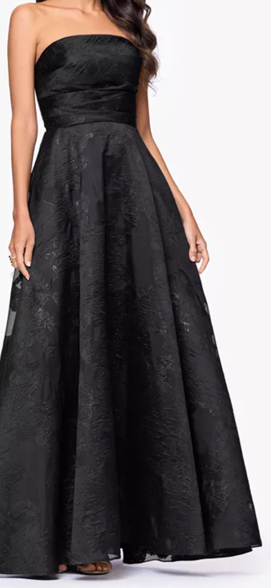 Betsy & Adam Black Jacquard Strapless Ball Gown – Sizes 10 & 12