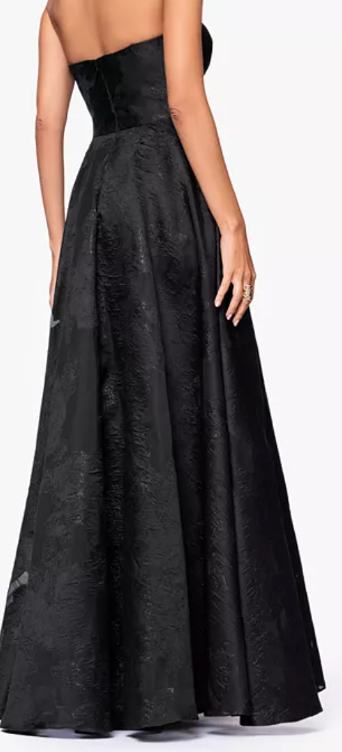 Betsy & Adam Black Jacquard Strapless Ball Gown – Sizes 10 & 12