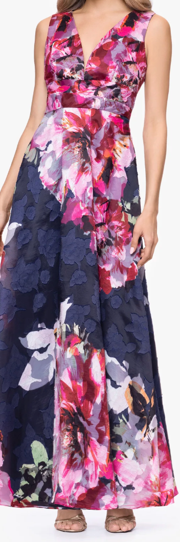 Betsy & Adam "Teagan" Jacquard Floral V-Neck Floor Length Gown – Size 8