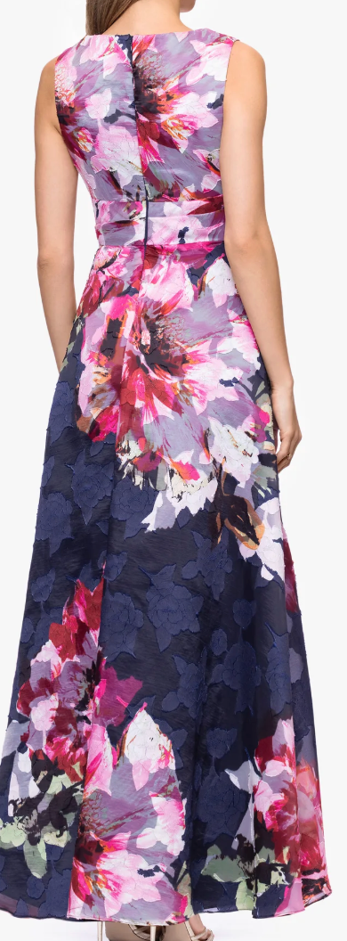 Betsy & Adam "Teagan" Jacquard Floral V-Neck Floor Length Gown – Size 8