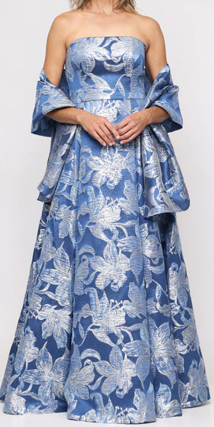 Alex Evenings strapless blue and silver jacquard ballgown with matching wrap shawl, front view on model against white background
