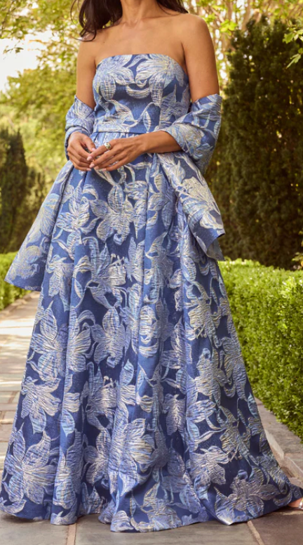 Alex Evenings blue and silver floral jacquard strapless ballgown with coordinating shawl, full-length front view on model outdoors