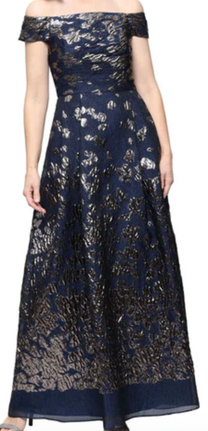 Jeanne Alexander off-the-shoulder foil jacquard ballgown in navy and gold at Dover Grace Boutique in Watkinsville, Georgia.