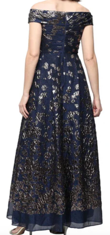 Jeanne Alexander off-the-shoulder foil jacquard ballgown in navy and gold at Dover Grace Boutique in Watkinsville, Georgia.