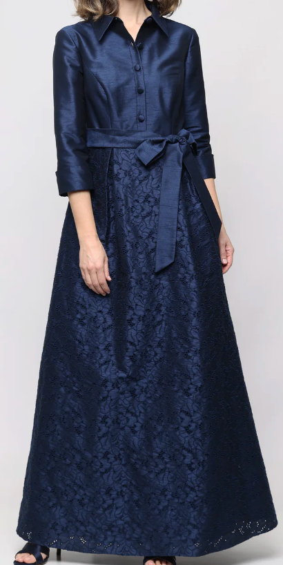 Alex Evenings navy dupioni and lace tie-waist button-front ballgown at Dover Grace Boutique in Watkinsville, Georgia.