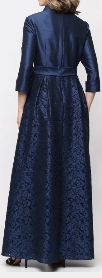 Alex Evenings navy dupioni and lace tie-waist button-front ballgown at Dover Grace Boutique in Watkinsville, Georgia.