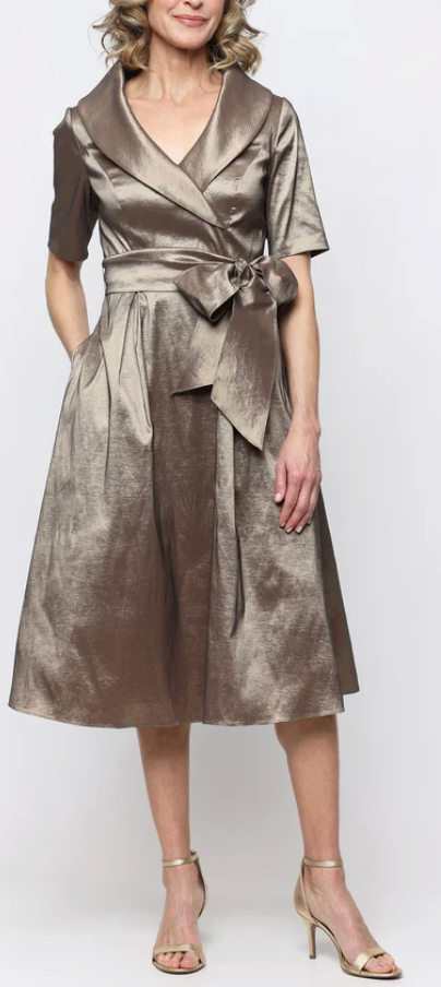 Alex Evenings portrait collar tie-waist midi dress in champagne taupe at Dover Grace Boutique in Watkinsville, Georgia.