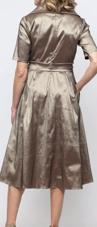Alex Evenings portrait collar tie-waist midi dress in champagne taupe at Dover Grace Boutique in Watkinsville, Georgia.