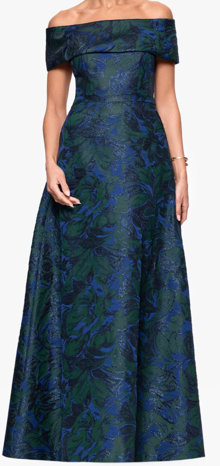 Jacquard Off-the-Shoulder Ballgown with Pockets – Navy/Green Floral, Size 14