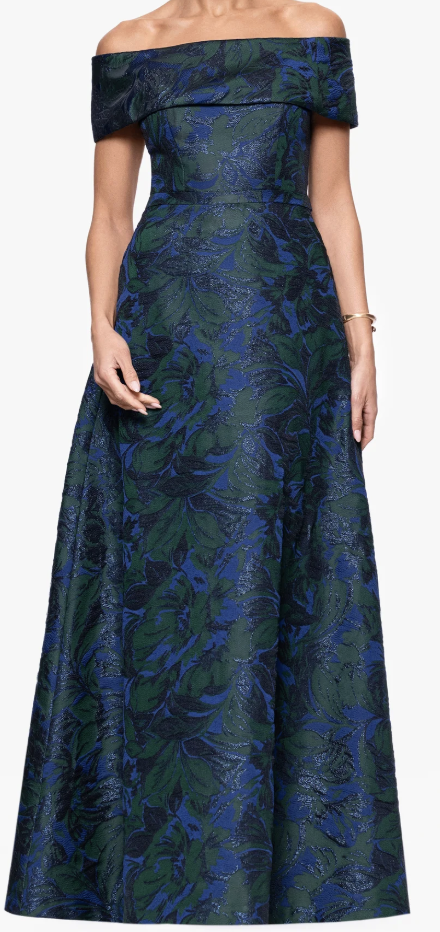 Jacquard Off-the-Shoulder Ballgown with Pockets – Navy/Green Floral, Size 14