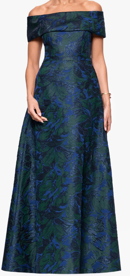 Jacquard Off-the-Shoulder Ballgown with Pockets – Navy/Green Floral, Size 14