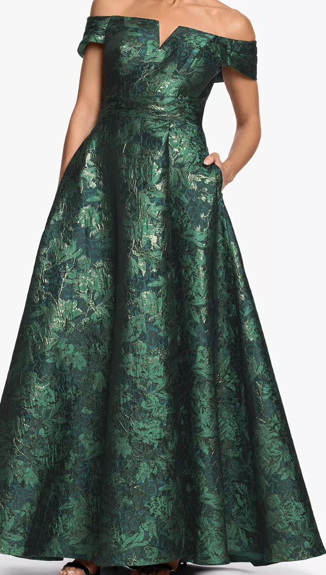 Printed Brocade Off-the-Shoulder Gown with Pockets – Green/Gold, Size 12
