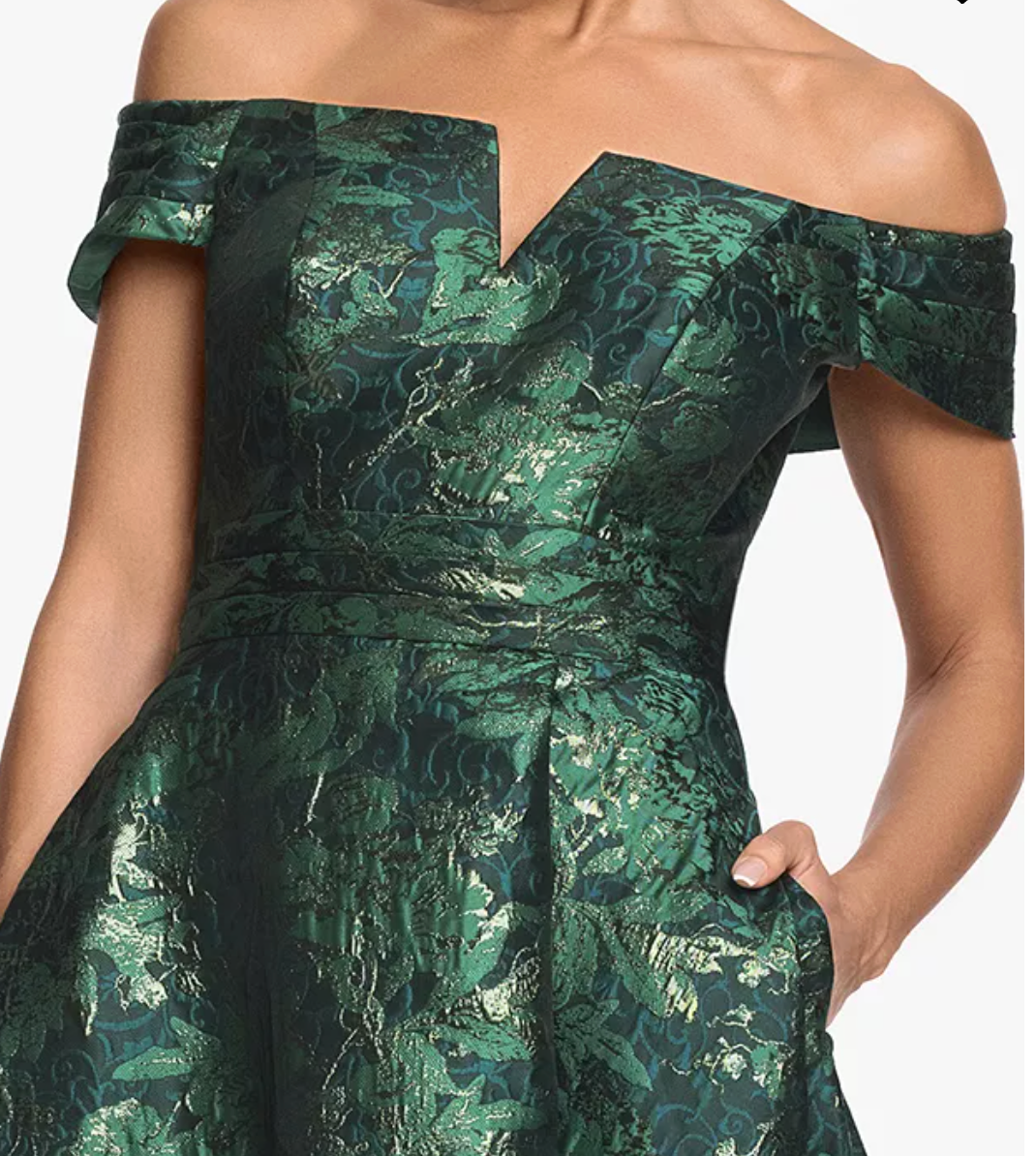 Printed Brocade Off-the-Shoulder Gown with Pockets – Green/Gold, Size 12