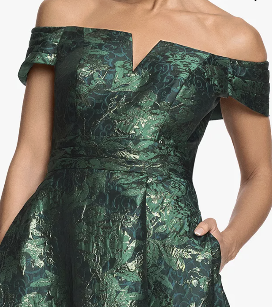 Printed Brocade Off-the-Shoulder Gown with Pockets – Green/Gold, Size 12