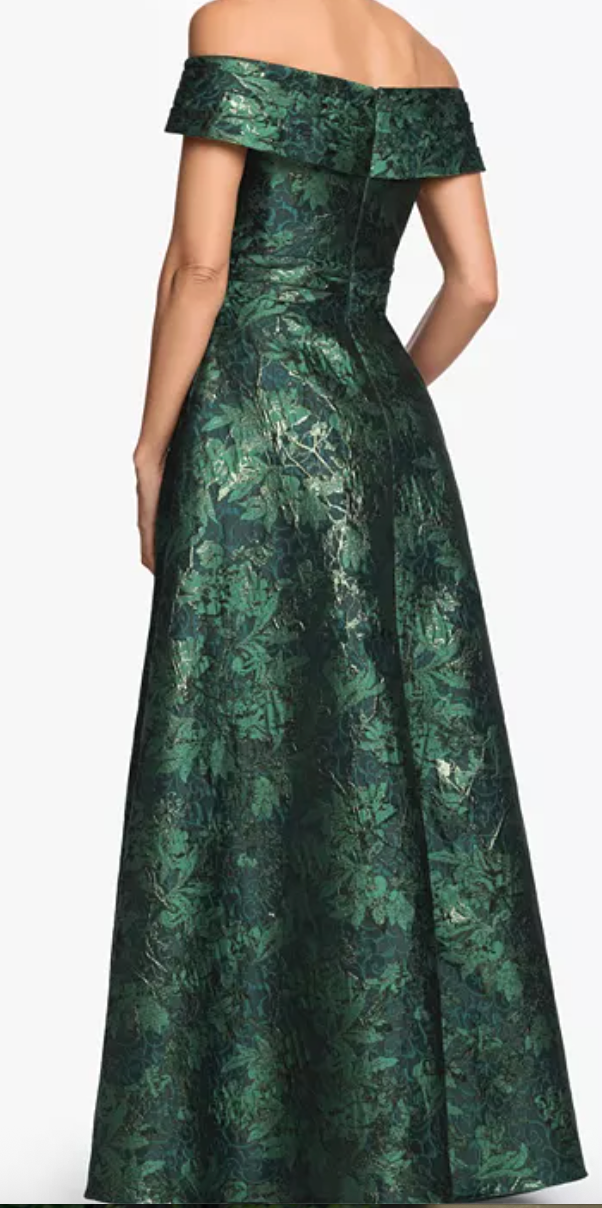 Printed Brocade Off-the-Shoulder Gown with Pockets – Green/Gold, Size 12