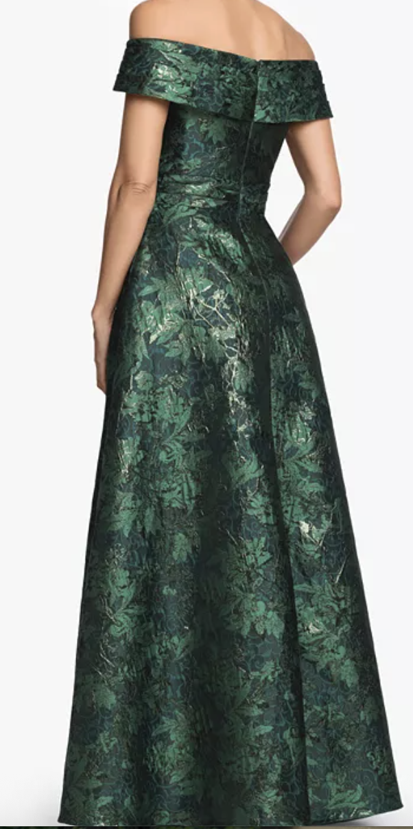 Printed Brocade Off-the-Shoulder Gown with Pockets – Green/Gold, Size 12