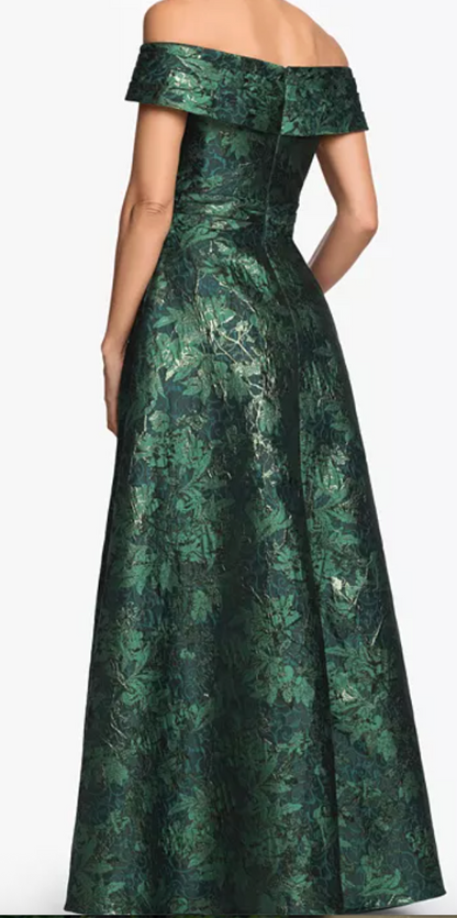 Printed Brocade Off-the-Shoulder Gown with Pockets – Green/Gold, Size 12