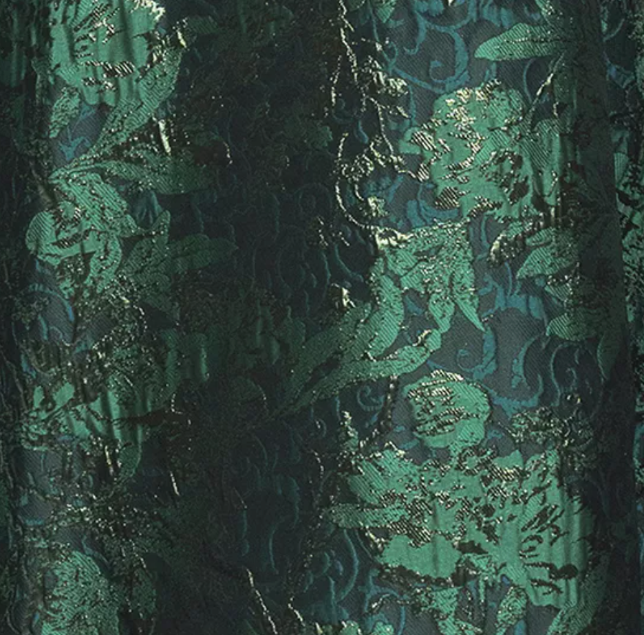 Printed Brocade Off-the-Shoulder Gown with Pockets – Green/Gold, Size 12