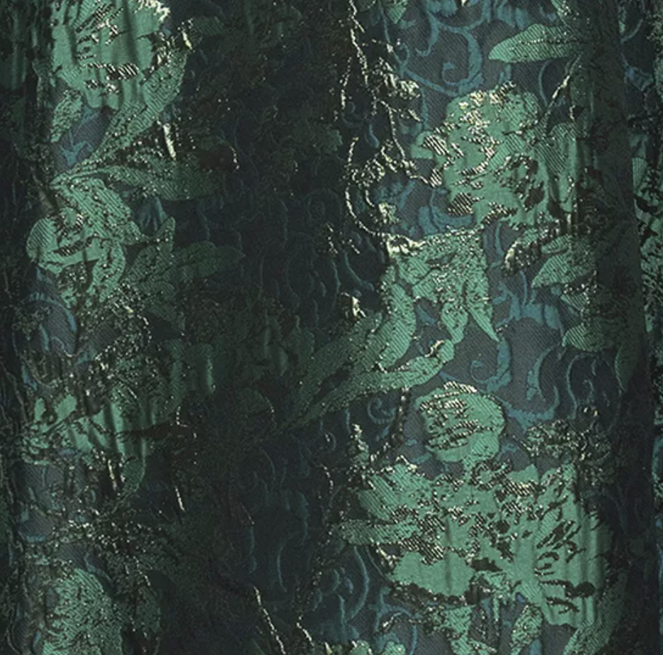 Printed Brocade Off-the-Shoulder Gown with Pockets – Green/Gold, Size 12