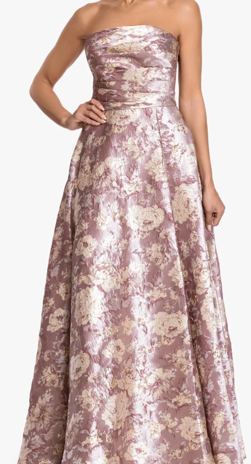 Strapless Floral Brocade Ballgown with Pockets – Mauve/Gold, Size 12