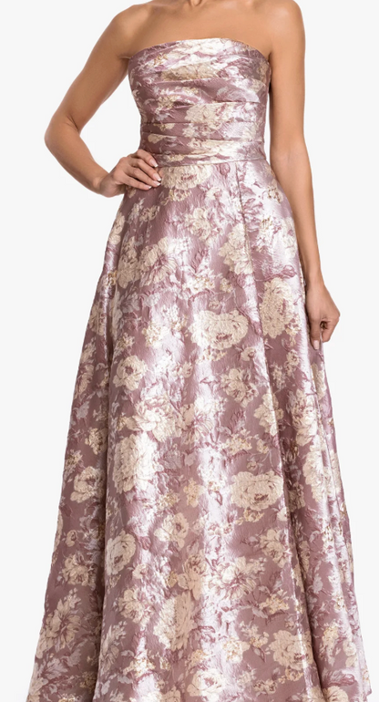 Strapless Floral Brocade Ballgown with Pockets – Mauve/Gold, Size 12