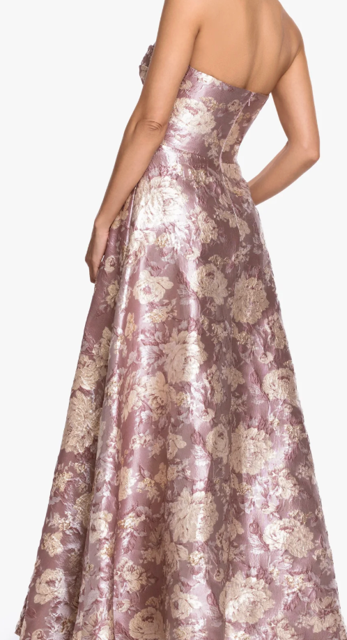 Strapless Floral Brocade Ballgown with Pockets – Mauve/Gold, Size 12