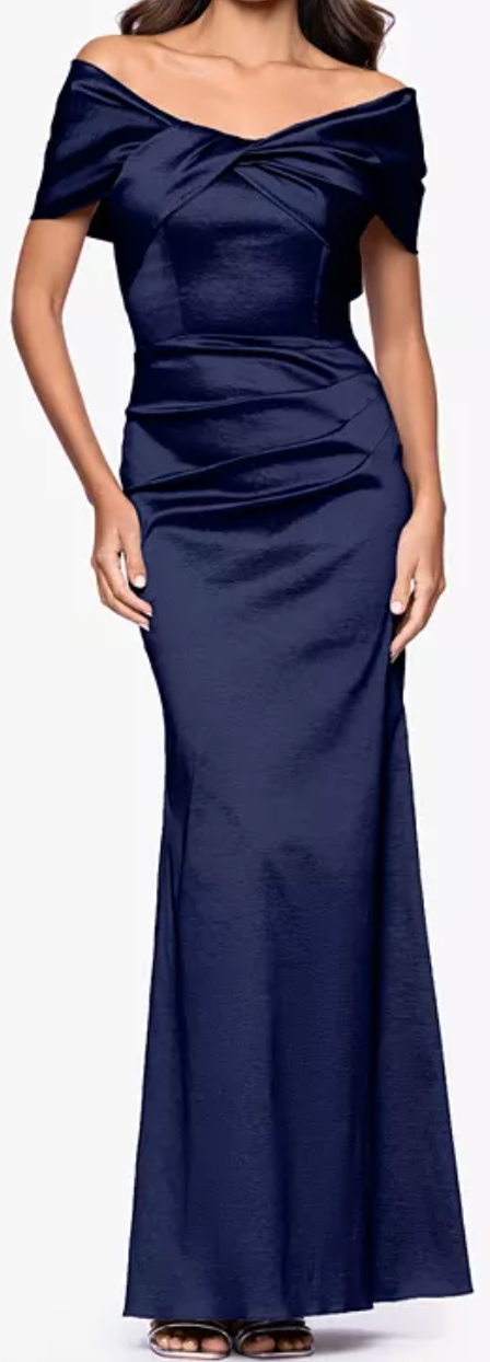Betsy & Adam Off-Shoulder Ruched Taffeta Gown – Navy, Size 6
