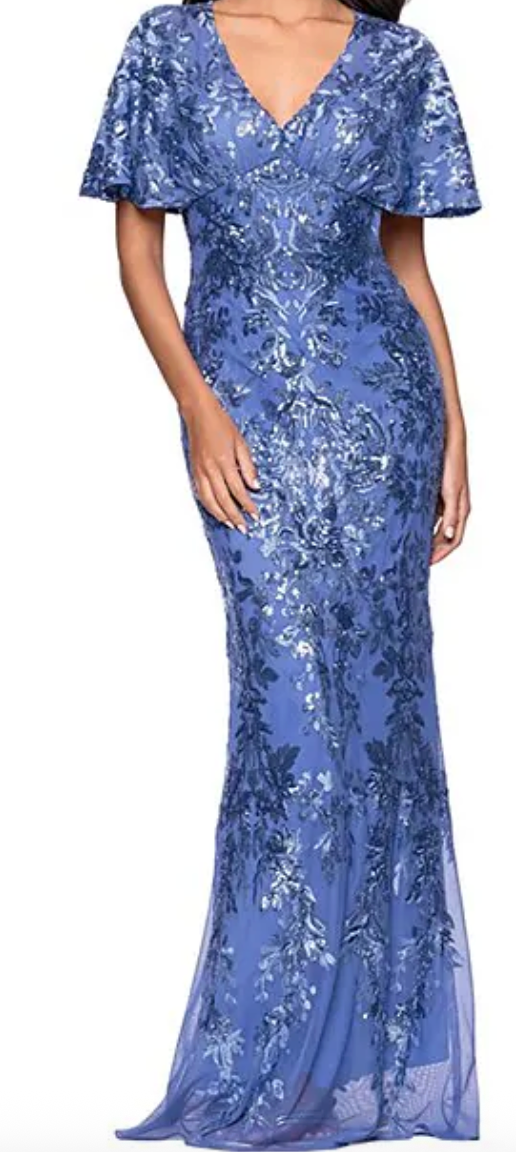 Sequin Leaf Print Mesh Gown with Flutter Sleeves – Periwinkle, Size 6P