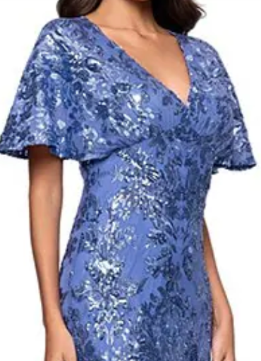 Sequin Leaf Print Mesh Gown with Flutter Sleeves – Periwinkle, Size 6P