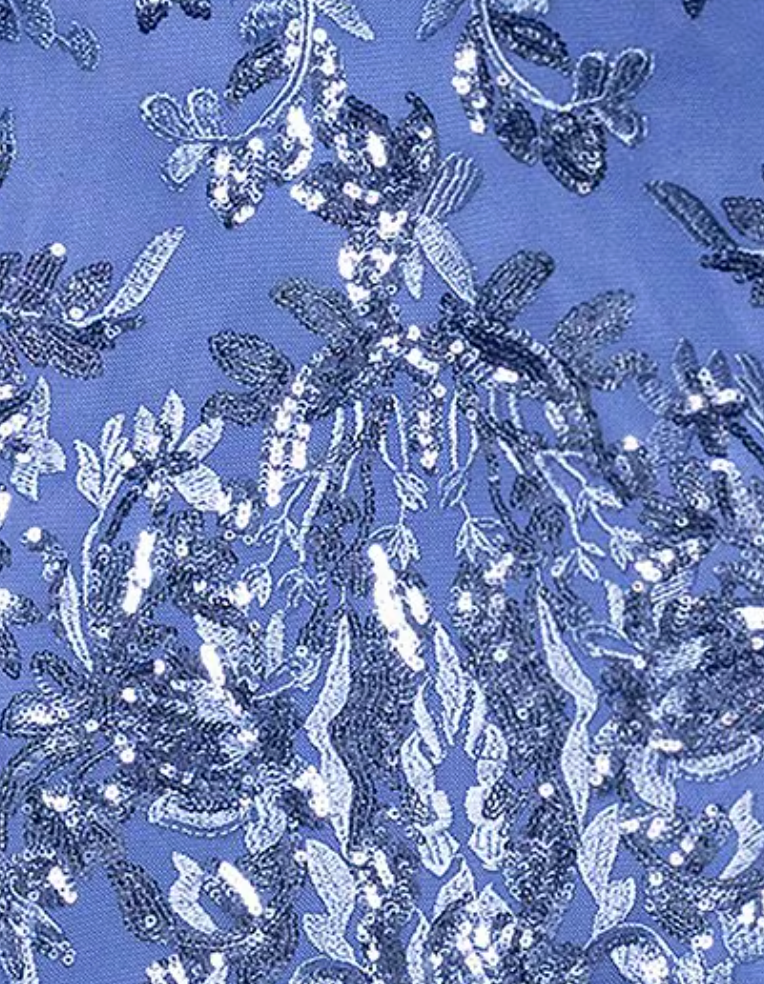 Sequin Leaf Print Mesh Gown with Flutter Sleeves – Periwinkle, Size 6P