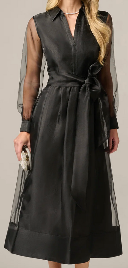 Organza A-Line Midi Dress with Bishop Sleeves & Tie Belt, Size 12