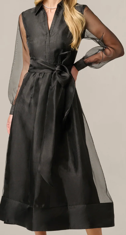 Organza A-Line Midi Dress with Bishop Sleeves & Tie Belt, Size 12