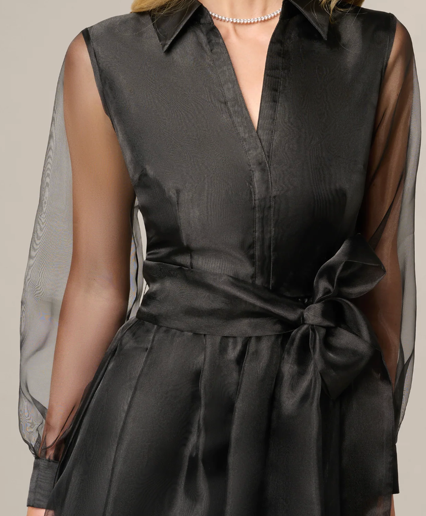 Organza A-Line Midi Dress with Bishop Sleeves & Tie Belt, Size 12