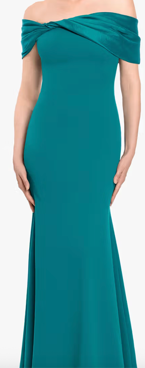 Betsy & Adam Off-Shoulder Twist Sheath Gown – Teal, Size 6
