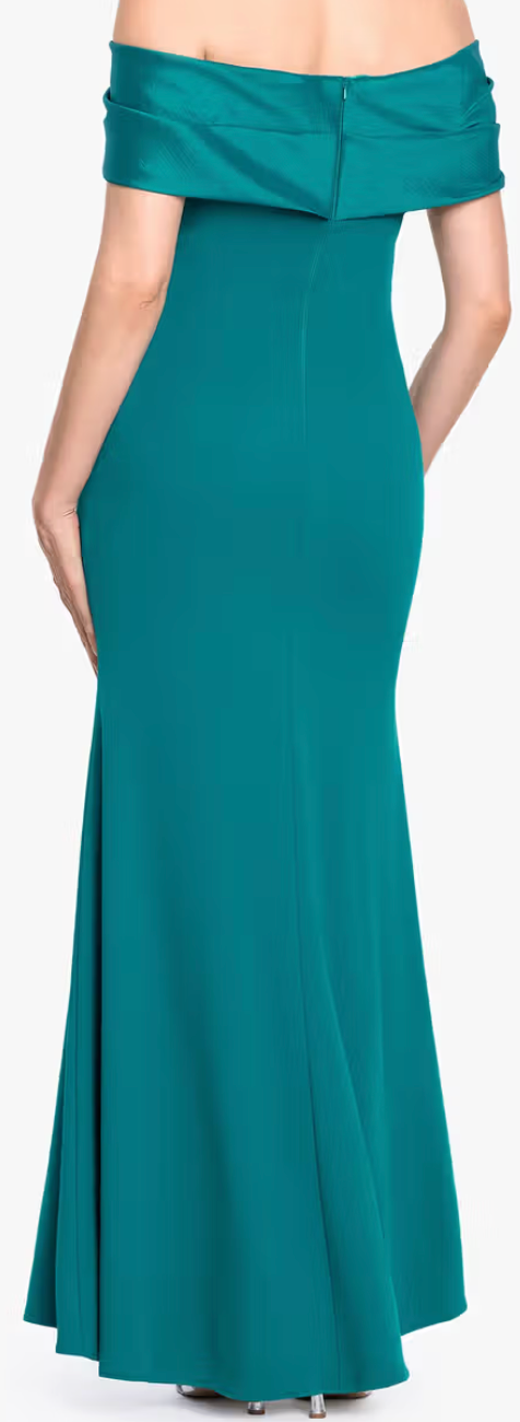 Betsy & Adam Off-Shoulder Twist Sheath Gown – Teal, Size 6