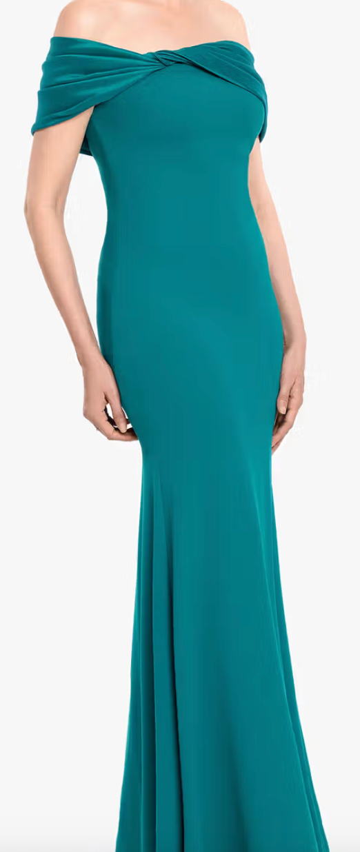 Betsy & Adam Off-Shoulder Twist Sheath Gown – Teal, Size 6