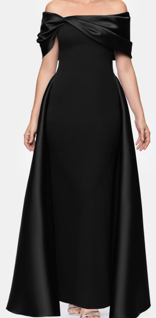 Off-Shoulder Satin Cape Gown with Pleated Overlay – Black, Size 6