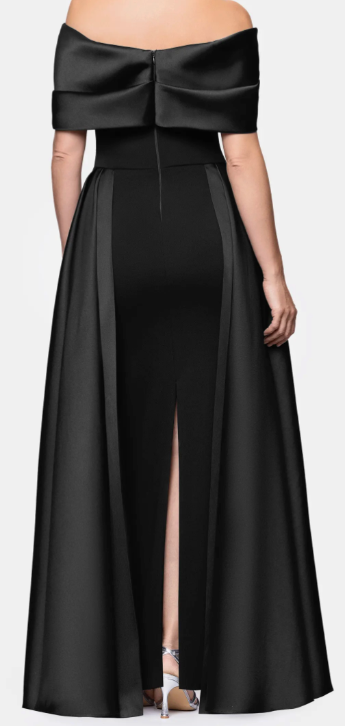 Off-Shoulder Satin Cape Gown with Pleated Overlay – Black, Size 6