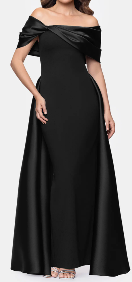 Off-Shoulder Satin Cape Gown with Pleated Overlay – Black, Size 6