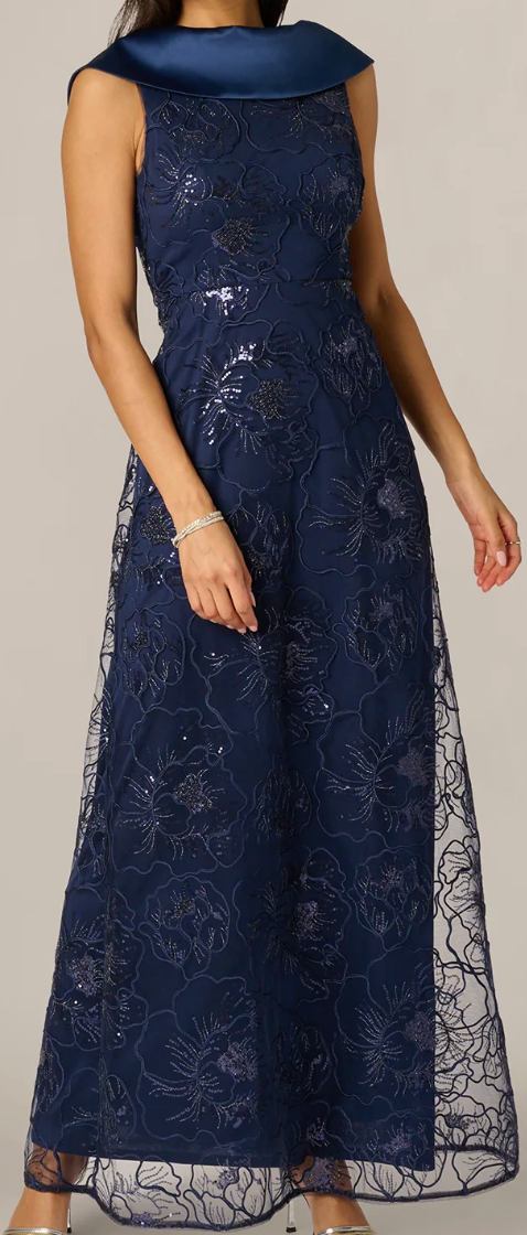 Embroidered A-Line Gown with Satin Roll Neck Collar & V-Back, Size 12