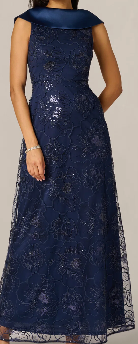 Embroidered A-Line Gown with Satin Roll Neck Collar & V-Back, Size 12