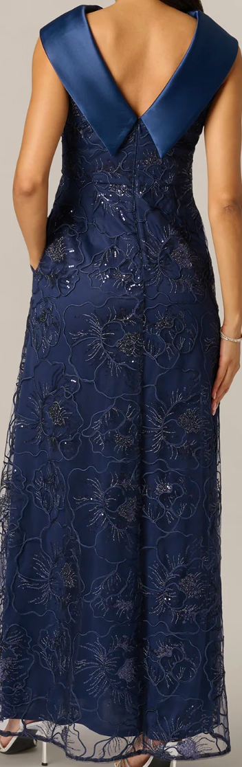 Embroidered A-Line Gown with Satin Roll Neck Collar & V-Back, Size 12