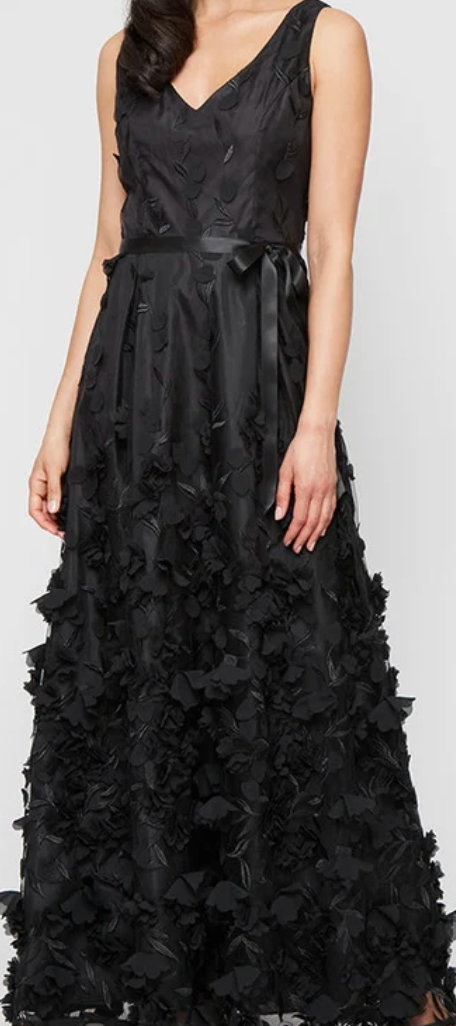 Alex Evenings 3D Floral Appliqué A-Line Gown | Black, Size 10