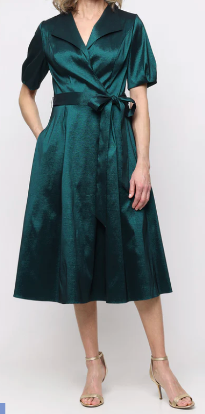 Surplice Neckline Midi Dress with Bubble Hem Sleeves, Size 10