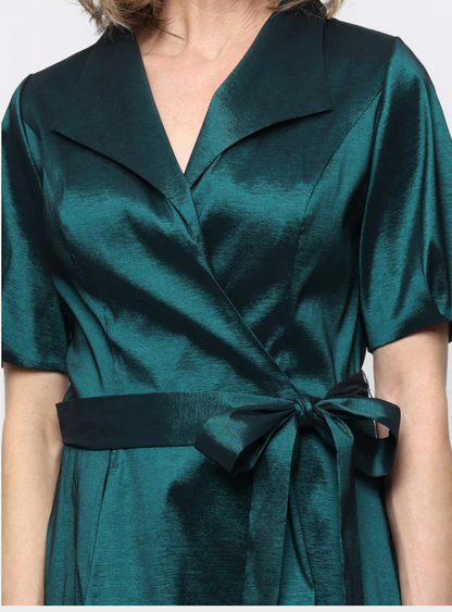 Surplice Neckline Midi Dress with Bubble Hem Sleeves, Size 10