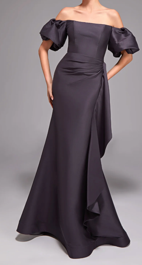 Alyce Paris Off-Shoulder Puff Sleeve Mikado Sheath Dress – Size 10, Charcoal