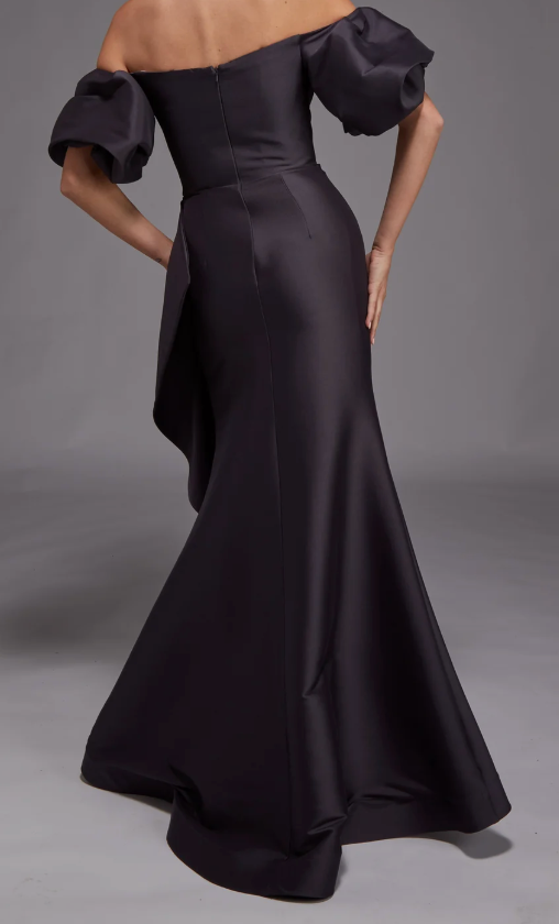 Alyce Paris Off-Shoulder Puff Sleeve Mikado Sheath Dress – Size 10, Charcoal