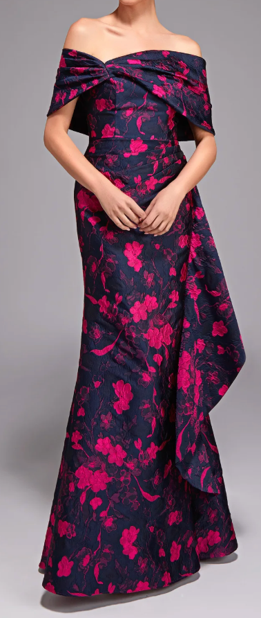 Alyce Paris Off-Shoulder Floral Jacquard Gown – Size 10, Navy/Fuchsia